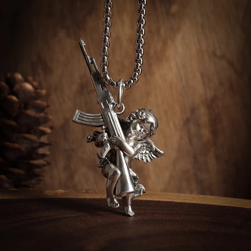 Peris Gems AL19688-Silver Hip Hop Angel Cupid Holding Special Rifle Y2K Shotgun Pendant Necklace for Men Women Fashion Personality Casual Jewelry SHEIN Amazon Temu