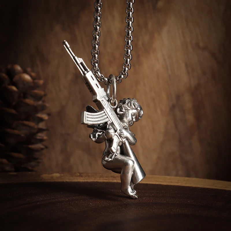 Peris Gems AL19688-Silver Hip Hop Angel Cupid Holding Special Rifle Y2K Shotgun Pendant Necklace for Men Women Fashion Personality Casual Jewelry SHEIN Amazon Temu