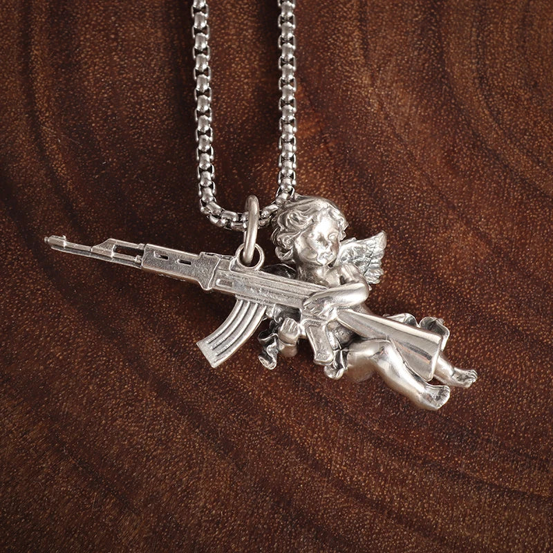 Peris Gems AL19688-Silver Hip Hop Angel Cupid Holding Special Rifle Y2K Shotgun Pendant Necklace for Men Women Fashion Personality Casual Jewelry SHEIN Amazon Temu