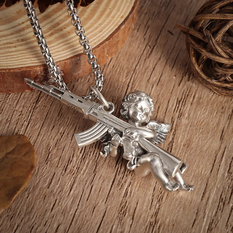 Peris Gems AL19688-Silver Hip Hop Angel Cupid Holding Special Rifle Y2K Shotgun Pendant Necklace for Men Women Fashion Personality Casual Jewelry SHEIN Amazon Temu