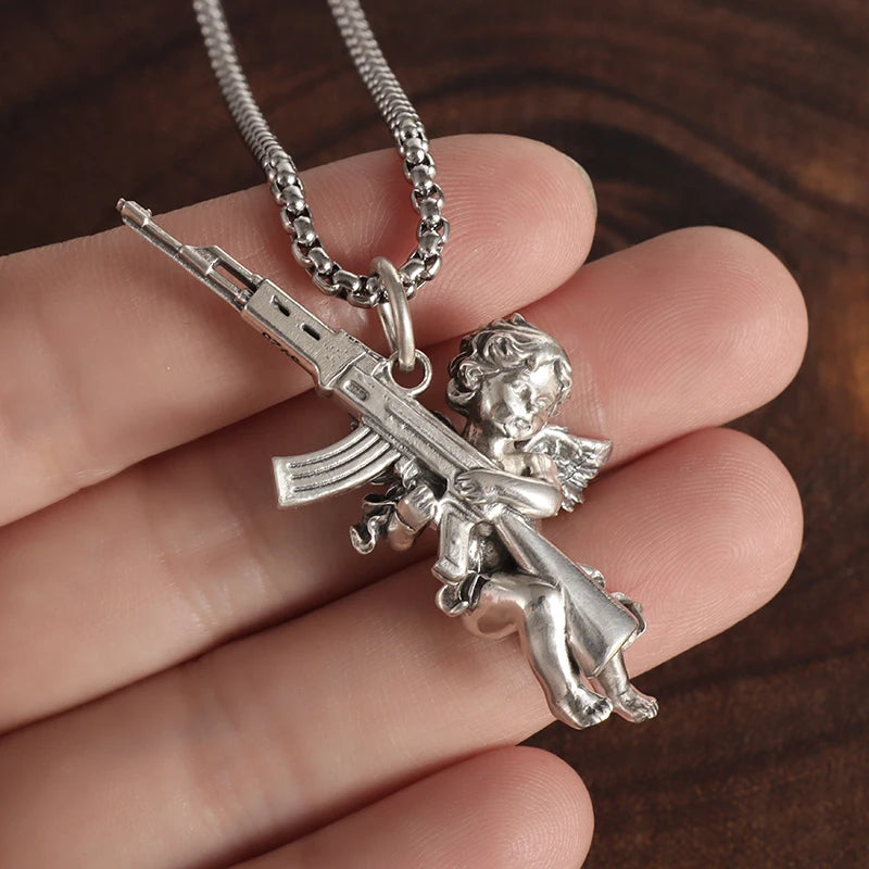 Peris Gems AL19688-Silver Hip Hop Angel Cupid Holding Special Rifle Y2K Shotgun Pendant Necklace for Men Women Fashion Personality Casual Jewelry SHEIN Amazon Temu