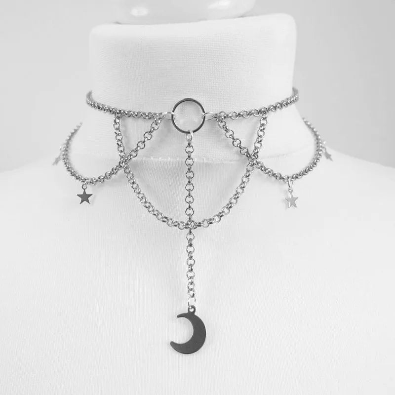 Peris Gems Antique Silver Plated Goth Pentagram Moon Chain Choker Witch Necklace Punk Gothic Pendant Grunge Jewelry Wiccan Women Gift Fashion Statement Goth SHEIN Amazon Temu