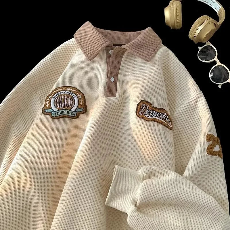 Peris Gems apricot / XXL Waffle Women Sweatshirts Turndown Collar 2024 New Loose Long Sleeve Top Preppy Style Clothes for Women Y2k Korean Sweatshirts SHEIN Amazon Temu