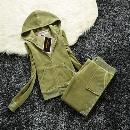 Peris Gems army green / M JUICY COMETURE Velvet Tracksuit Women New Sports Suit 2024 Winter Casual Warm Hooded Jacket Y2K Women&