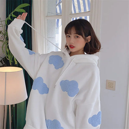 Peris Gems Autumn Winter Women Blue white cloud Hoodie Thick Warm Female Fleece Hoodies Oversize Sweatshirt Top Ladies  Hooded Top coat SHEIN Amazon Temu