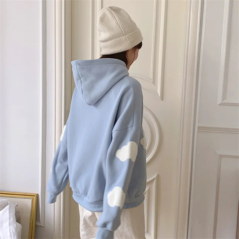 Peris Gems Autumn Winter Women Blue white cloud Hoodie Thick Warm Female Fleece Hoodies Oversize Sweatshirt Top Ladies  Hooded Top coat SHEIN Amazon Temu