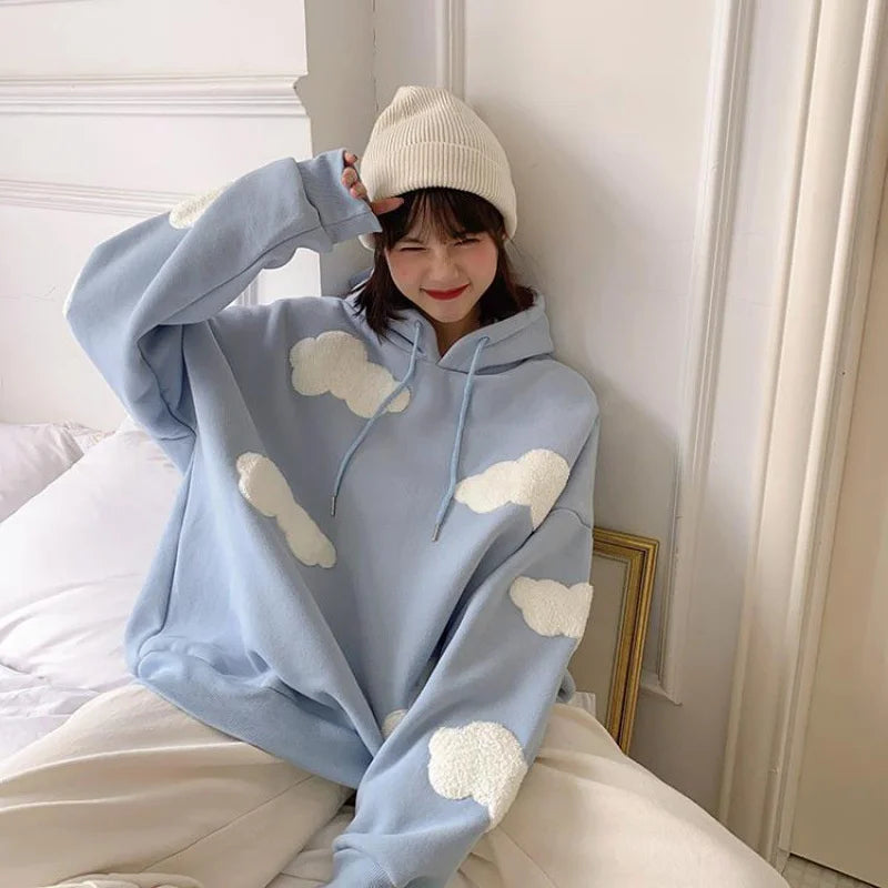 Peris Gems Autumn Winter Women Blue white cloud Hoodie Thick Warm Female Fleece Hoodies Oversize Sweatshirt Top Ladies  Hooded Top coat SHEIN Amazon Temu