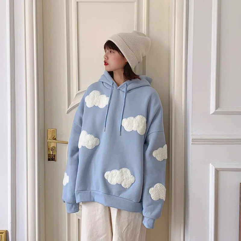 Peris Gems Autumn Winter Women Blue white cloud Hoodie Thick Warm Female Fleece Hoodies Oversize Sweatshirt Top Ladies  Hooded Top coat SHEIN Amazon Temu