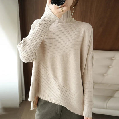 Peris Gems  Beige / One Size Striped Knitted Cashmere Turtleneck Sweaters for Women SHEIN Amazon Temu