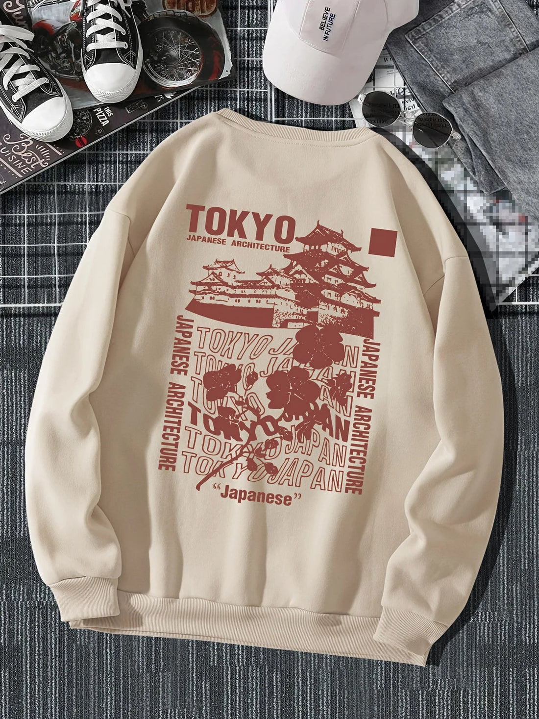 Peris Gems Beige / XXL Japanese Tokyo Sakura Printing Spring Casual Women Pullover Sweatshirt Warm Soft Hoodies Loose Crewneck Fleece Female Clothing SHEIN Amazon Temu