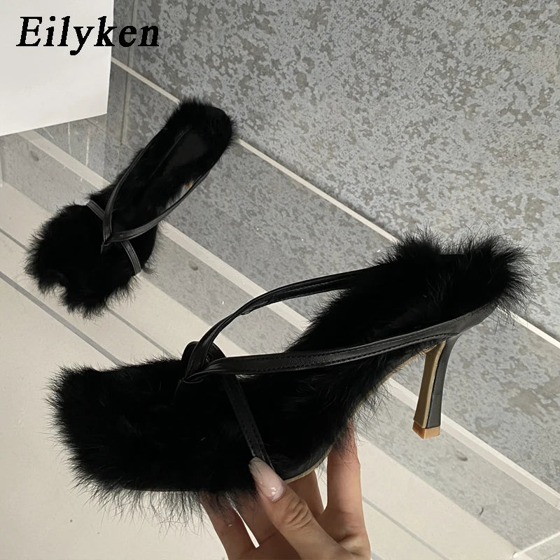 Peris Gems Black / 38 Eilyken Design Faux Fur Slipper High Heels Shoes Fall Best Street Females Square Head Toe Clip-On Sandals Women SHEIN Amazon Temu