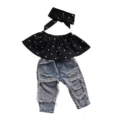 Peris Gems black / 6M 0-3Y Summer Fashion Toddler Clothes Baby Girls Dot Sleeveless Tops+Hole Jeans Outfits Casual 3pcs Clothes Set SHEIN Amazon Temu