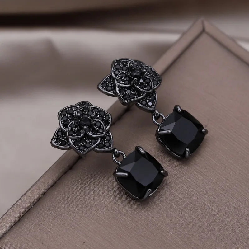 Peris Gems Black Korean New Design Fashion Jewelry Premium Black Camellia Square Pendant Earrings Elegant Women&