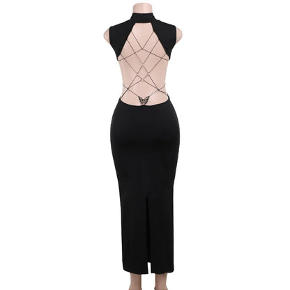 Peris Gems black / L Sexy Backless Bandage Bodycon Maxi Dress Women Turtleneck Sleeveless Black Gothic Party Vestido 2024 Spring Fall Y2K Clothes SHEIN Amazon Temu