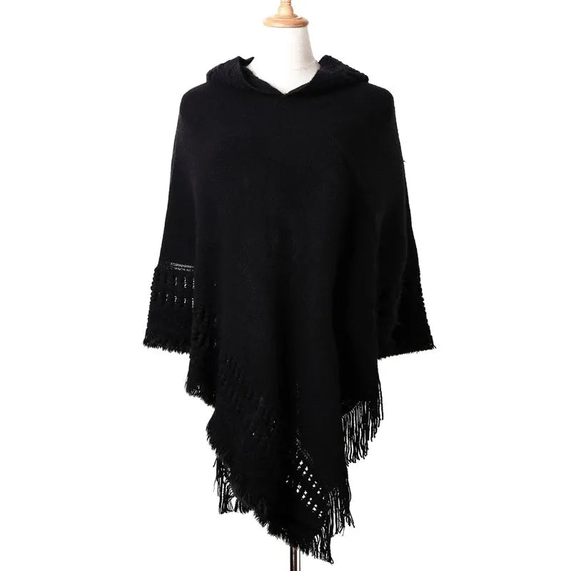 Peris Gems  Black / One Size Casual Hooded Cloak Tassel Poncho Sweaters for Women SHEIN Amazon Temu