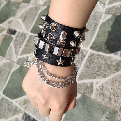 Peris Gems Black (Tassel + Skull) Punk Rivet Bracelet Dark Binding Rock Elegant Stylish Heart Suit Combination Winding Three-Layer Bracelet SHEIN Amazon Temu