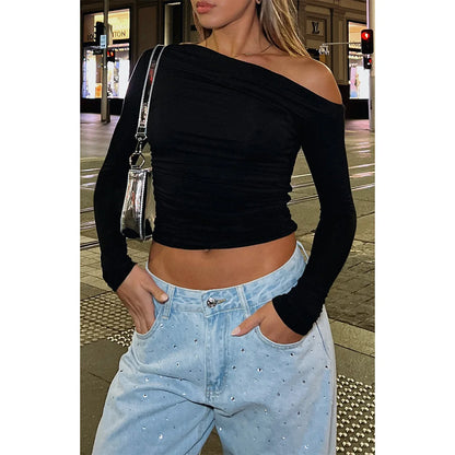 Peris Gems black / XS Sexy Pleated T Shirts Fashion Cropped Top Sweatshirts Y2K Streetswear Fall Clothes Women Elegant Luxury One Shoulder Tops Tees SHEIN Amazon Temu