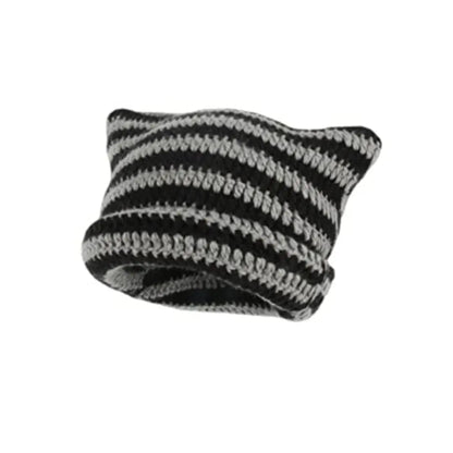 Peris Gems BlackGray / One Size Cute Cat Ears Beanie Hats for Women Winter Striped Korean Punk Gothic Y2K Wool Knitted Streetwear Handmade Crochet Bucket Cap SHEIN Amazon Temu