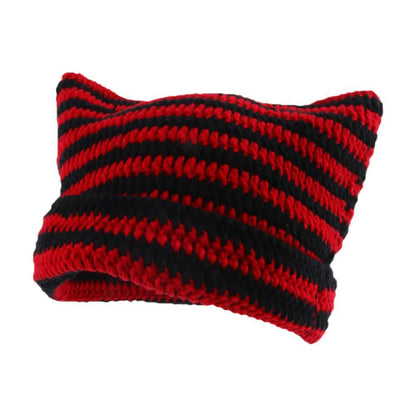 Peris Gems BlackRed / One Size Cute Cat Ears Beanie Hats for Women Winter Striped Korean Punk Gothic Y2K Wool Knitted Streetwear Handmade Crochet Bucket Cap SHEIN Amazon Temu