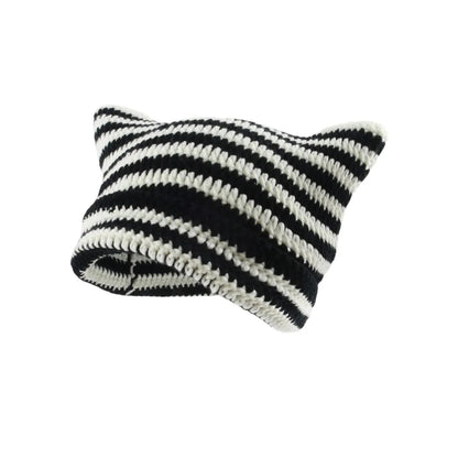 Peris Gems BlackWhite / One Size Cute Cat Ears Beanie Hats for Women Winter Striped Korean Punk Gothic Y2K Wool Knitted Streetwear Handmade Crochet Bucket Cap SHEIN Amazon Temu