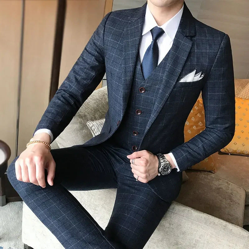 Peris Gems (Blazer+Pants+Vest) Luxury Men Suit 3 Piece Set Fashion Boutique Lattice Groom Wedding Dress Men&