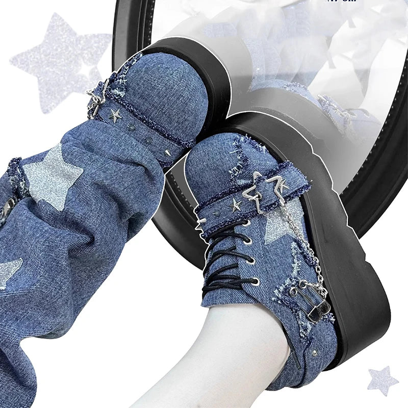 Peris Gems Blue / 38 Y2K Star Print Chunky Platform Ankle Boots Women 2023 New Metal Chain Blue Denim Boots Woman Cute Thick Bottom Jk Lolita Shoes SHEIN Amazon Temu