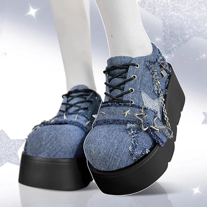 Peris Gems Blue / 39 Punk Metal Chain Chunky Platform Ankle Boots Women 2023 Winter Y2K Thick Bottom Denim Boots Woman Black Gothic Lolita Shoes SHEIN Amazon Temu