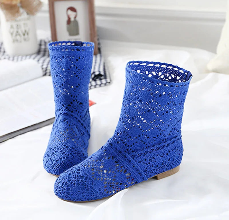 Peris Gems  Blue / 4.5 Summer Shoes Breathable Mesh Summer Boots Women Flat Heel Ankle Botas Womens Boots Fashion Cut-Outs Brand ZH262 SHEIN Amazon Temu