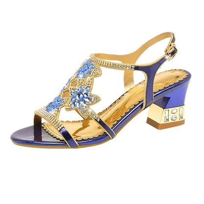 Peris Gems  Blue 6 cm / 33(Foot 21.5cm) Shiny Rhinestone Flower Leather Sandals for Women SHEIN Amazon Temu