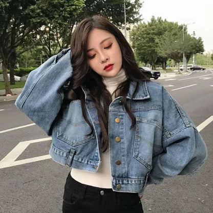 Peris Gems Blue / M / CHINA Xpqbb Cropped Denim Jacket Women Korean Fashion Back Split Buttons Up Bomber Jacket Female Lapel Long Sleeve Jeans Coats 2023 SHEIN Amazon Temu