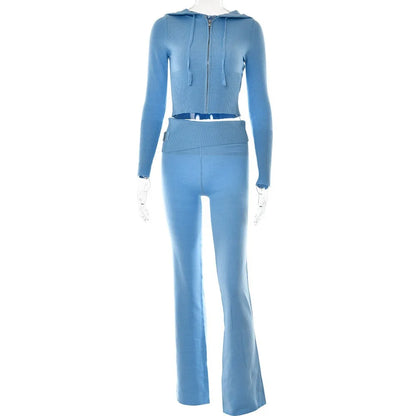 Peris Gems Blue suit / M Knitted 2 Piece Sets Women Tracksuit Long Sleeve Zipper Hooded Sweater Crop Top Flare Pants Stretch Matching Suit Outfit SHEIN Amazon Temu