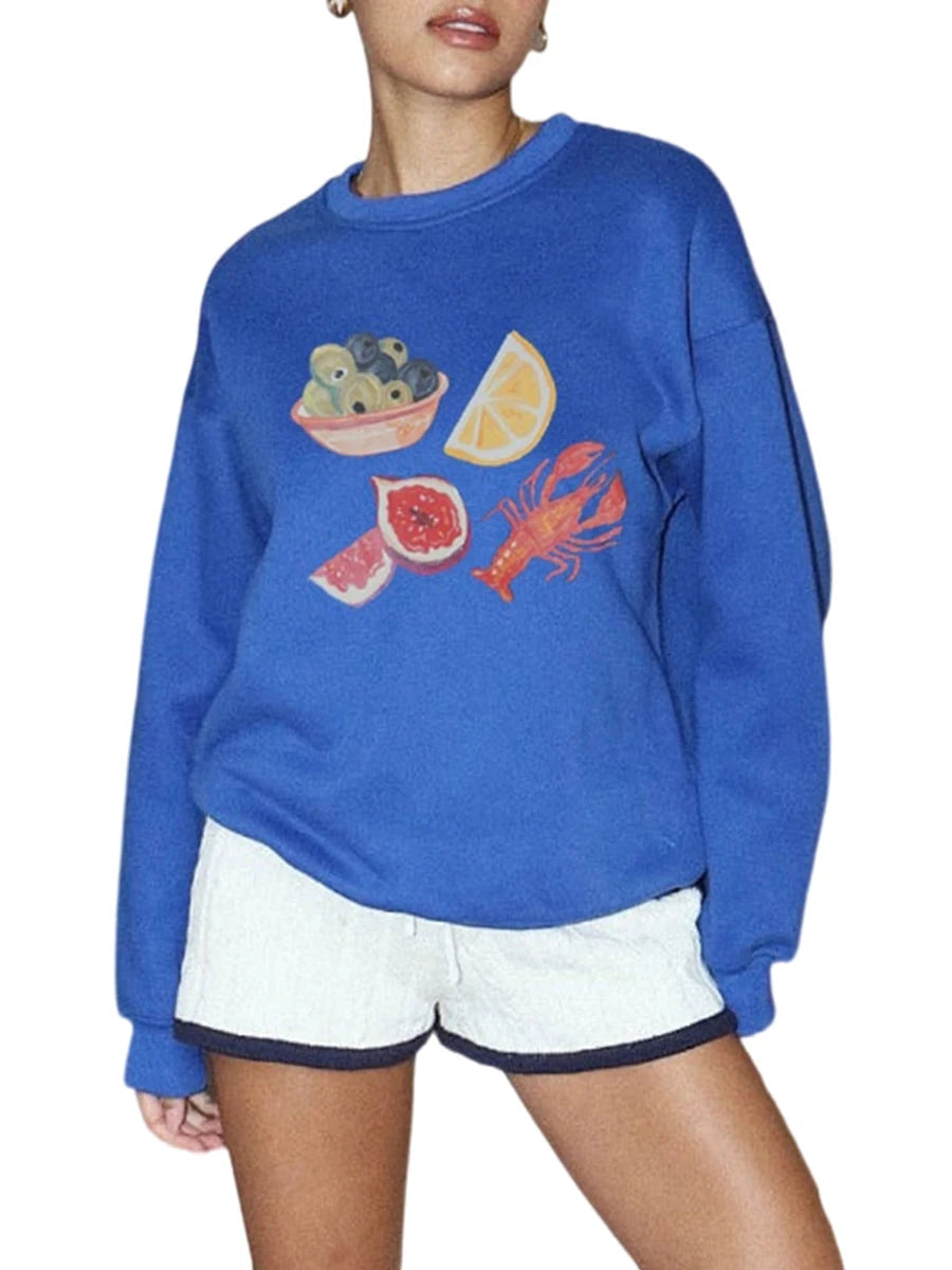 Peris Gems Blue / XL Fruit Lobster Print Casual Oversized Sweatshirts for Women Fall Spring Long Sleeve Round Neck Pullovers Tops Trendy Hoodies Y2K SHEIN Amazon Temu