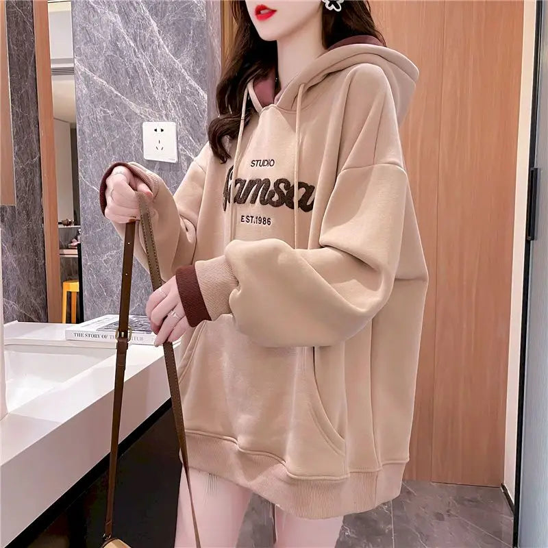 Peris Gems Brown / L 60kg-75kg Womens Hoodies Autumn Winter Trendy Plush Thicken Hooded Coats Fashion Fake Two-piece Hoodie Letter Embroidery Oversized Clothes SHEIN Amazon Temu