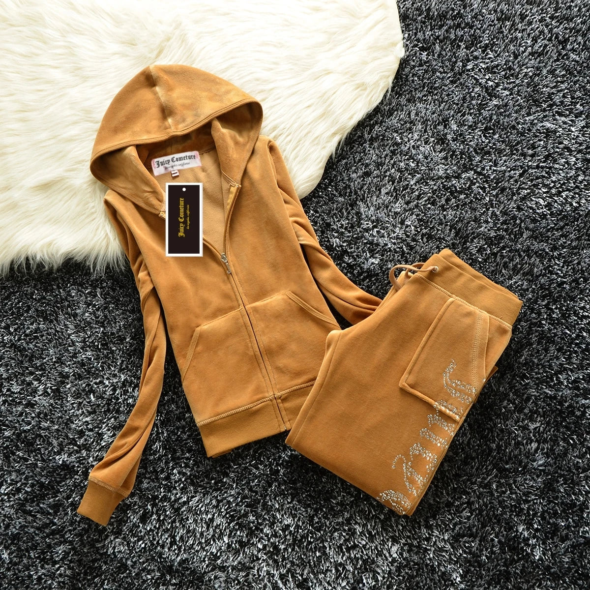 Peris Gems camel / M JUICY COMETURE Velvet Tracksuit Women New Sports Suit 2024 Winter Casual Warm Hooded Jacket Y2K Women&