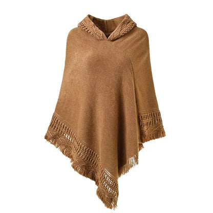 Peris Gems  Camel / One Size Casual Hooded Cloak Tassel Poncho Sweaters for Women SHEIN Amazon Temu