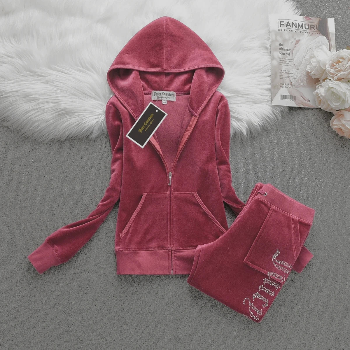 Peris Gems Claret / XL JUICY COMETURE Velvet Tracksuit Women New Sports Suit 2024 Winter Casual Warm Hooded Jacket Y2K Women&