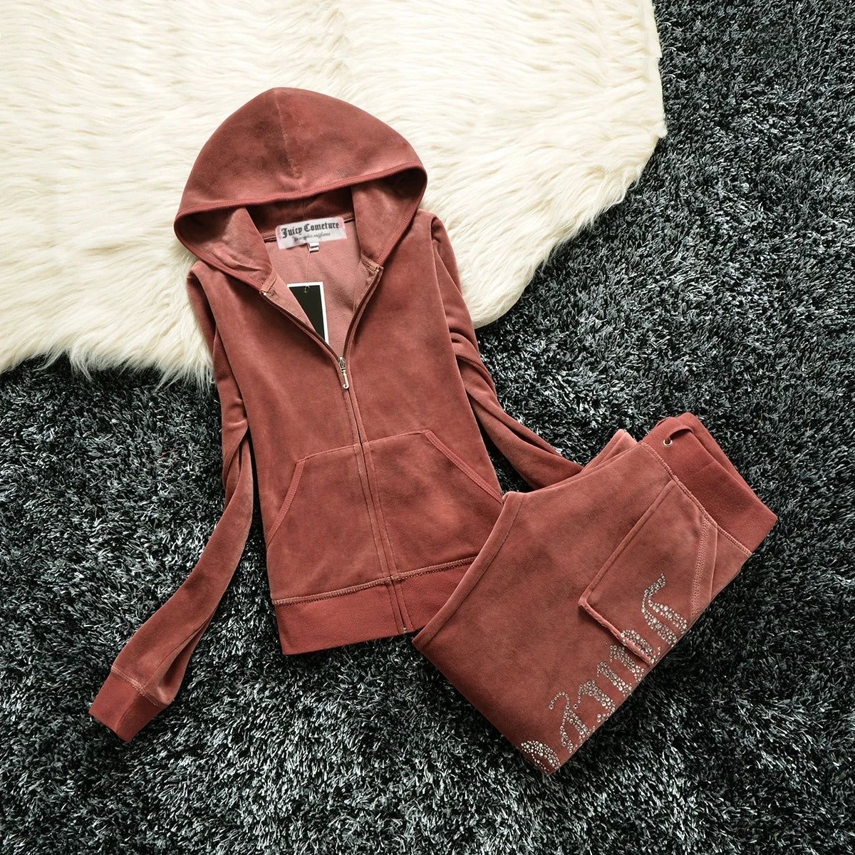 Peris Gems coffee red / M JUICY COMETURE Velvet Tracksuit Women New Sports Suit 2024 Winter Casual Warm Hooded Jacket Y2K Women&