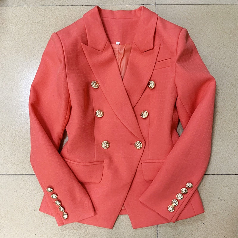 Peris Gems  Coral Red / S Slim Fitting Textured Blazer Jacket for Women | Lion Button Suit jacket Slim Fitting Textured Blazer Jacket for Women | Lion Button SHEIN Amazon Temu