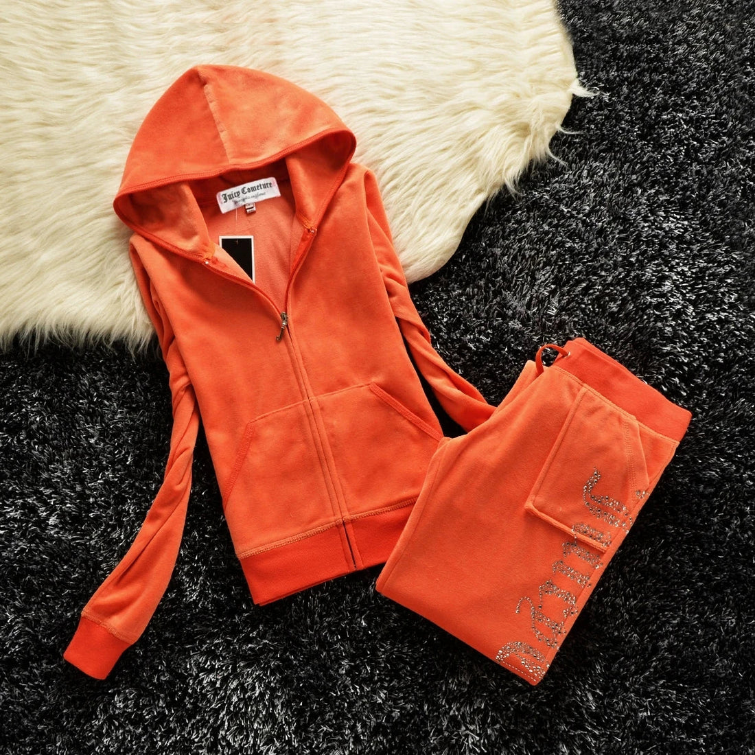 Peris Gems CORAL RED / XL JUICY COMETURE Velvet Tracksuit Women New Sports Suit 2024 Winter Casual Warm Hooded Jacket Y2K Women&