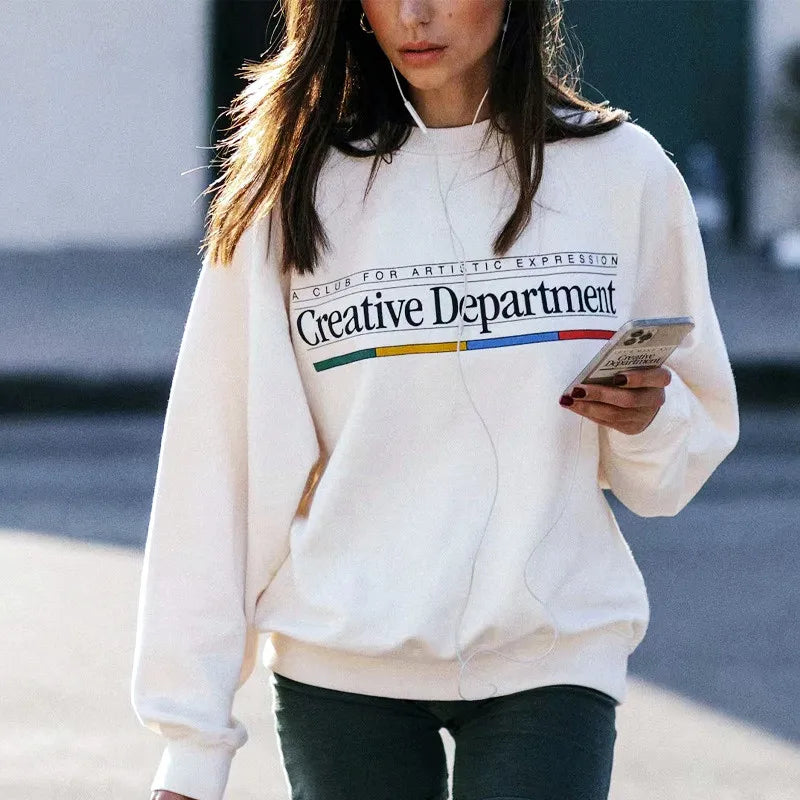 Peris Gems Creative Department American Vintaga Style Women White Sweatshirts Long Sleeve Loose Cotton Thick Street Fashion Y2K Pullover SHEIN Amazon Temu