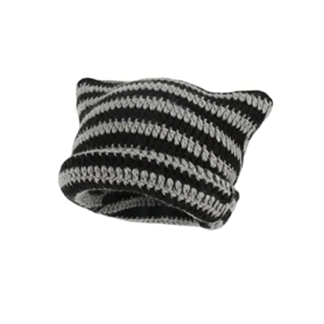 Peris Gems Cute Cat Ears Beanie Hats for Women Winter Striped Korean Punk Gothic Y2K Wool Knitted Streetwear Handmade Crochet Bucket Cap SHEIN Amazon Temu