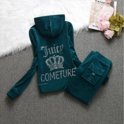 Peris Gems Dark Green / XL JUICY COMETURE Velvet Tracksuit Women New Sports Suit 2024 Winter Casual Warm Hooded Jacket Y2K Women&