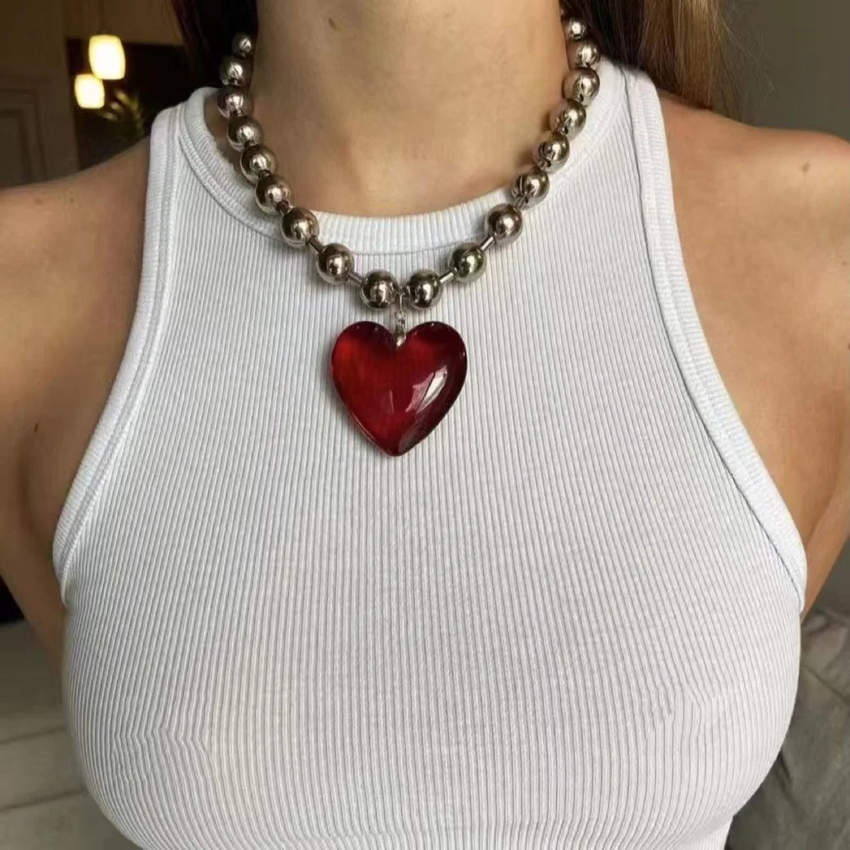 Peris Gems Dark Red Grunge Fashion Glass Heart Pendant Necklace Y2K Oversize Ball Beads Chain Statement Choker Necklace for Women Club Punk Jewelry Grunge Fashion Glass Heart Pendant Necklace Y2K Oversize Ball Beads Chain Statement Choker Necklace for Women Club Punk Jewelry SHEIN Amazon Temu