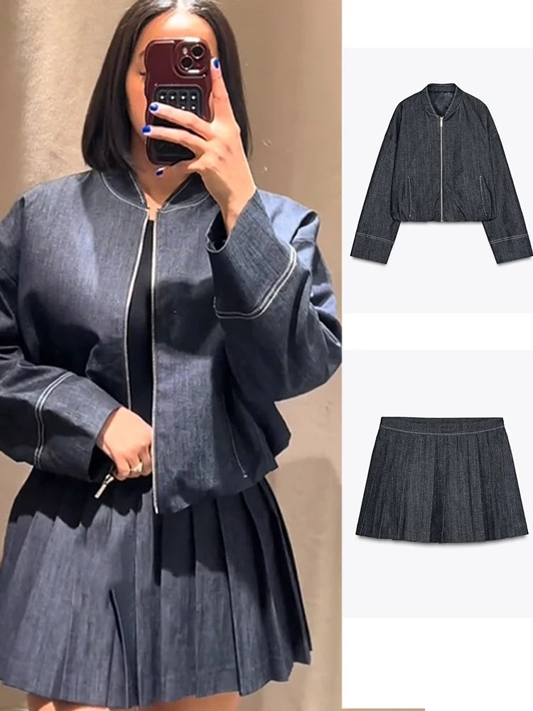 Peris Gems Denim Jacket Mini Skirt Set Slim Waist Bomber Long Sleeve Zipper Top High Waist A-line Pleat Skirt Suit 2025 Spring Jeans Suit Denim Jacket Mini Skirt Set Slim Waist Bomber Long Sleeve Zipper Top High Waist A-line Pleat Skirt Suit 2025 Spring Jeans Suit SHEIN Amazon Temu