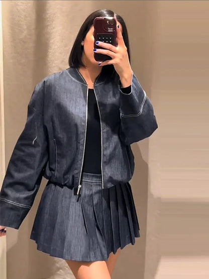 Peris Gems Denim Jacket Mini Skirt Set Slim Waist Bomber Long Sleeve Zipper Top High Waist A-line Pleat Skirt Suit 2025 Spring Jeans Suit Denim Jacket Mini Skirt Set Slim Waist Bomber Long Sleeve Zipper Top High Waist A-line Pleat Skirt Suit 2025 Spring Jeans Suit SHEIN Amazon Temu