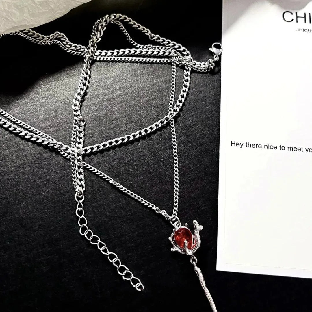 Peris Gems Double Layer Red Zircon Rose Pendant Necklaces Y2K Layered Flower Stone Chain Necklace Irregular Floral Aesthetic Jewelry Gifts SHEIN Amazon Temu