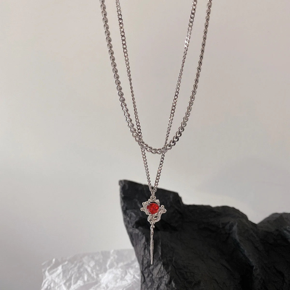 Peris Gems Double Layer Red Zircon Rose Pendant Necklaces Y2K Layered Flower Stone Chain Necklace Irregular Floral Aesthetic Jewelry Gifts SHEIN Amazon Temu