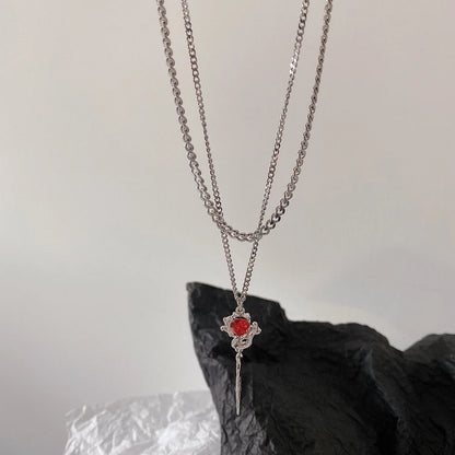 Peris Gems Double Layer Red Zircon Rose Pendant Necklaces Y2K Layered Flower Stone Chain Necklace Irregular Floral Aesthetic Jewelry Gifts SHEIN Amazon Temu