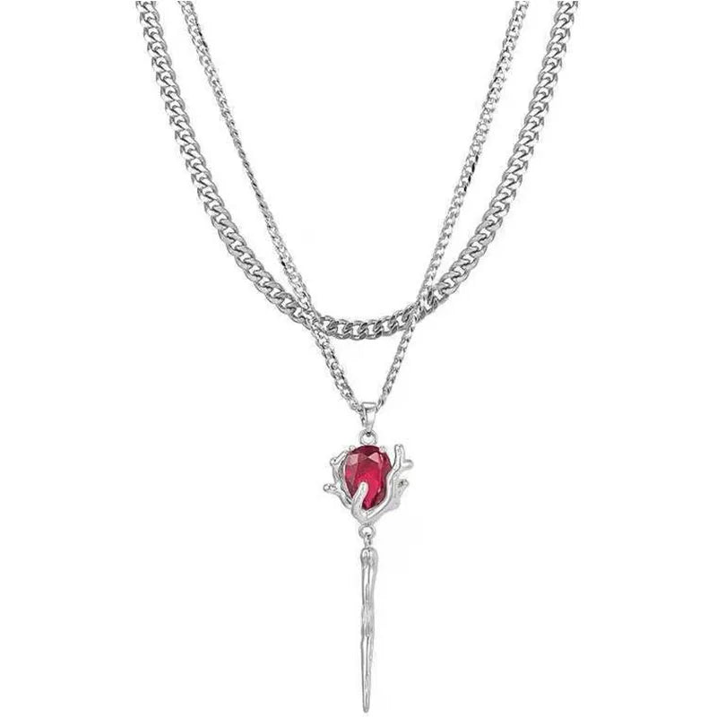 Peris Gems Double Layer Red Zircon Rose Pendant Necklaces Y2K Layered Flower Stone Chain Necklace Irregular Floral Aesthetic Jewelry Gifts SHEIN Amazon Temu