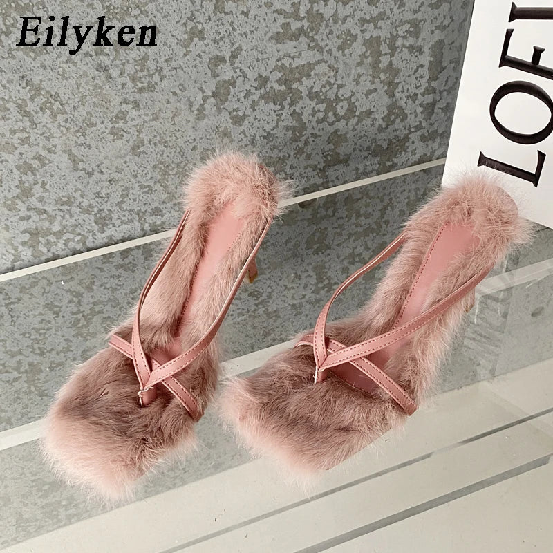 Peris Gems Eilyken Design Faux Fur Slipper High Heels Shoes Fall Best Street Females Square Head Toe Clip-On Sandals Women SHEIN Amazon Temu